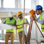 Construction engineers discussion with architects at construction or building site