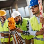 Construction engineers discussion with architects at construction or building site